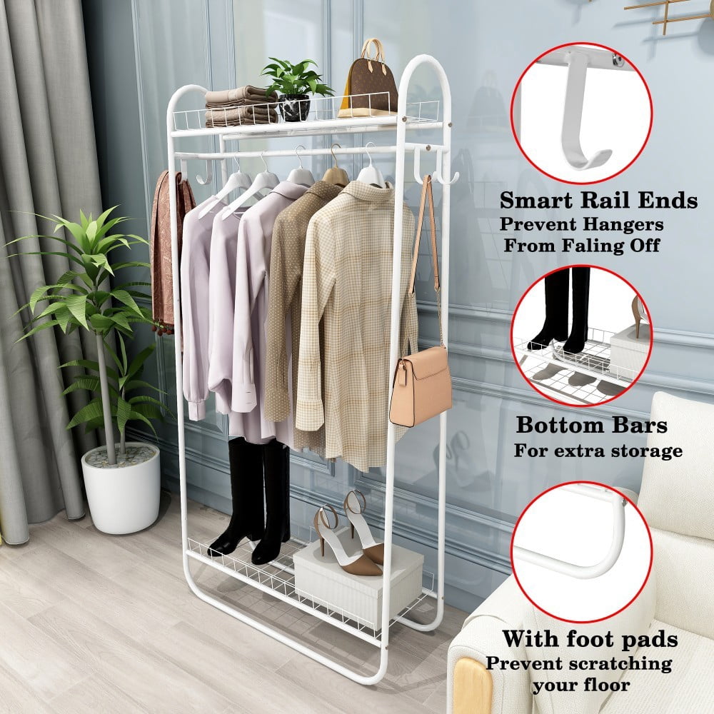 Heavy Duty Garment Rack, Freestanding Metal Clothes Rack with Double Shelves, 200 lbs Capacity, Portable Rolling Clothing Rack, White