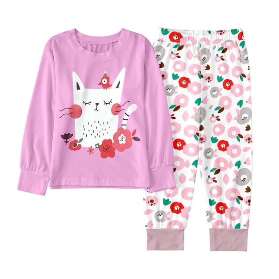 RUTAYY Girls Pajama Set Flower Cat Print 2 Piece Long Sleeve Crew Neck Top Pants Kids Night Suit Purple