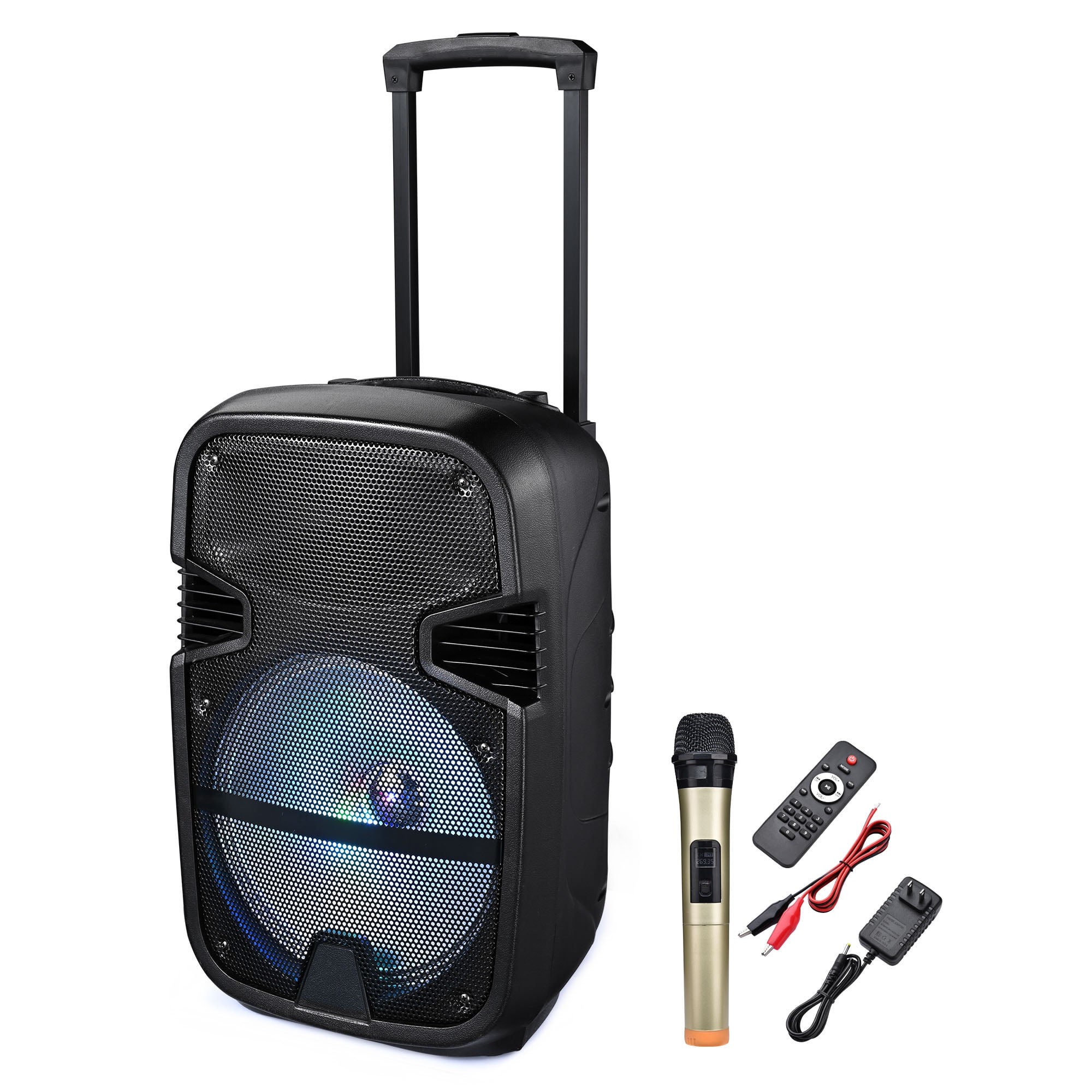 Karaoke Party Amplifier Sound System with AUX/FM Radio/SD/USB STARQUEEN Portable Bluetooth Speaker 15Inch Woofer Outdoor Rechargeable PA System with Wireless Micorphone/Remote/Wheels/DJ Light/Stand 
