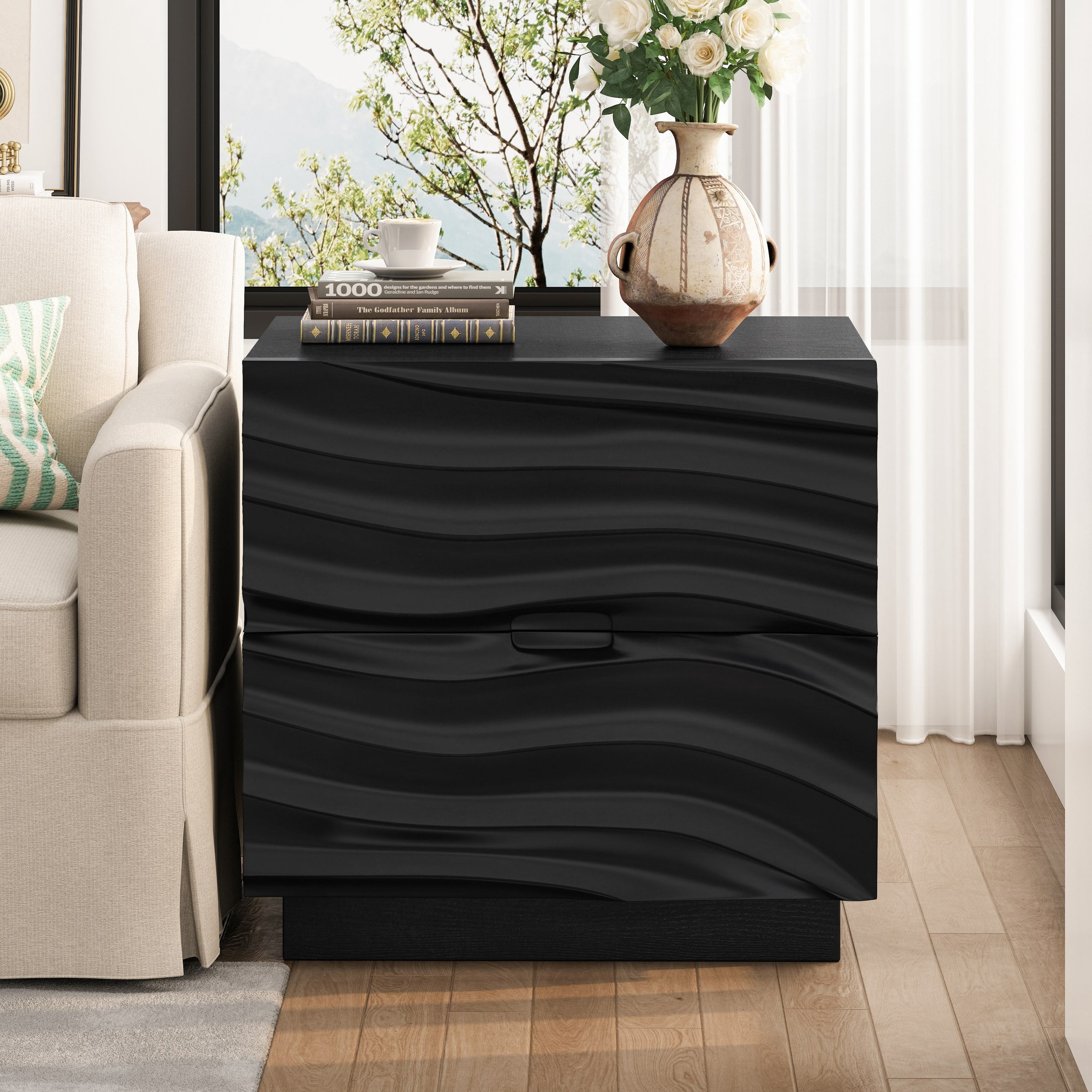 Solid Wood Nightstands, Bedside Table with 2 Drawers, No Handles, Sofa End Table for Living Room, Bedrooms, Black
