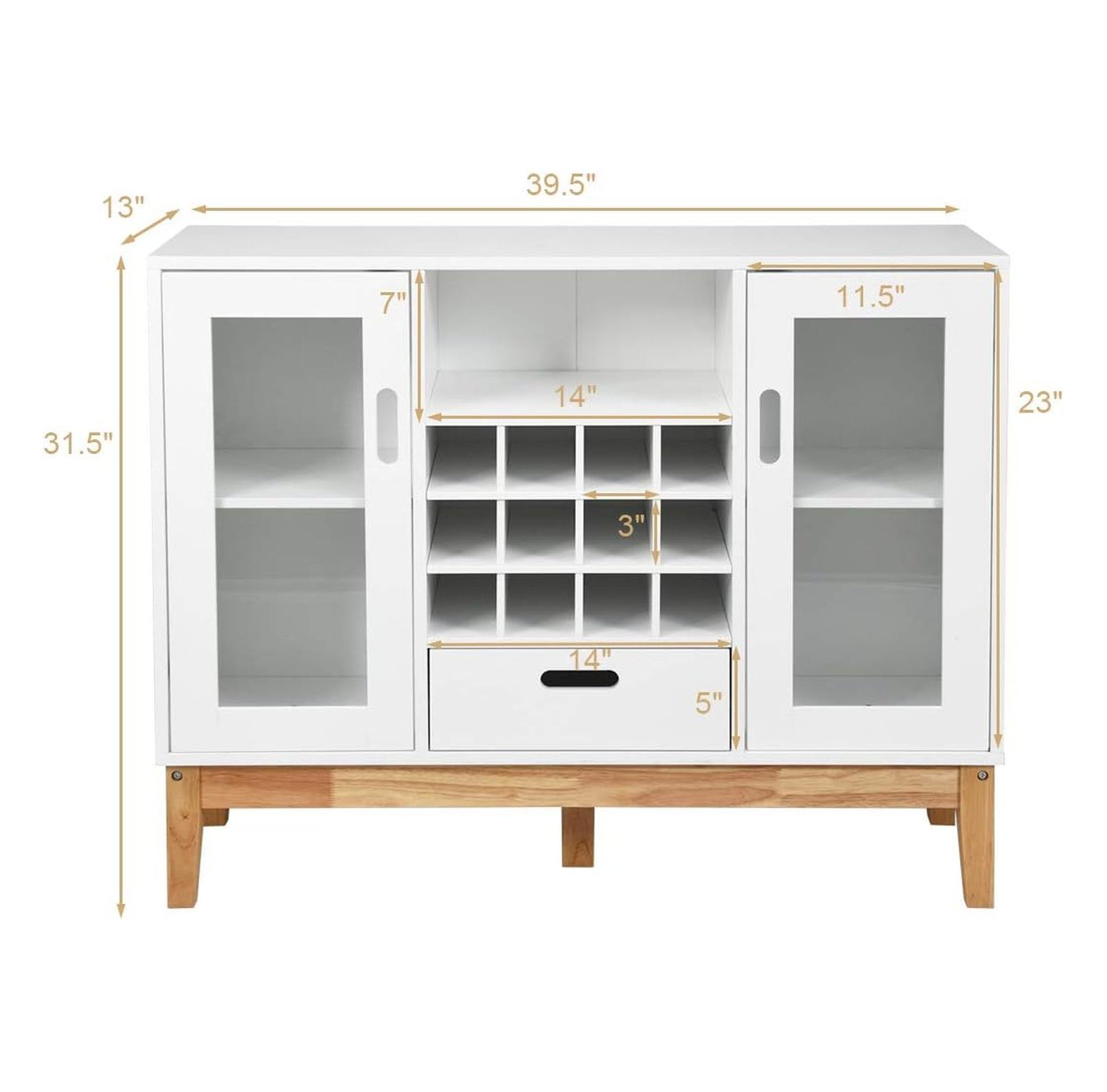 White Sideboard Buffet Storage Cabinet with Removable Wine Rack, Glass Doors, Open Shelf & Drawer, Wood Accent Console Table for Living Room, Entryway