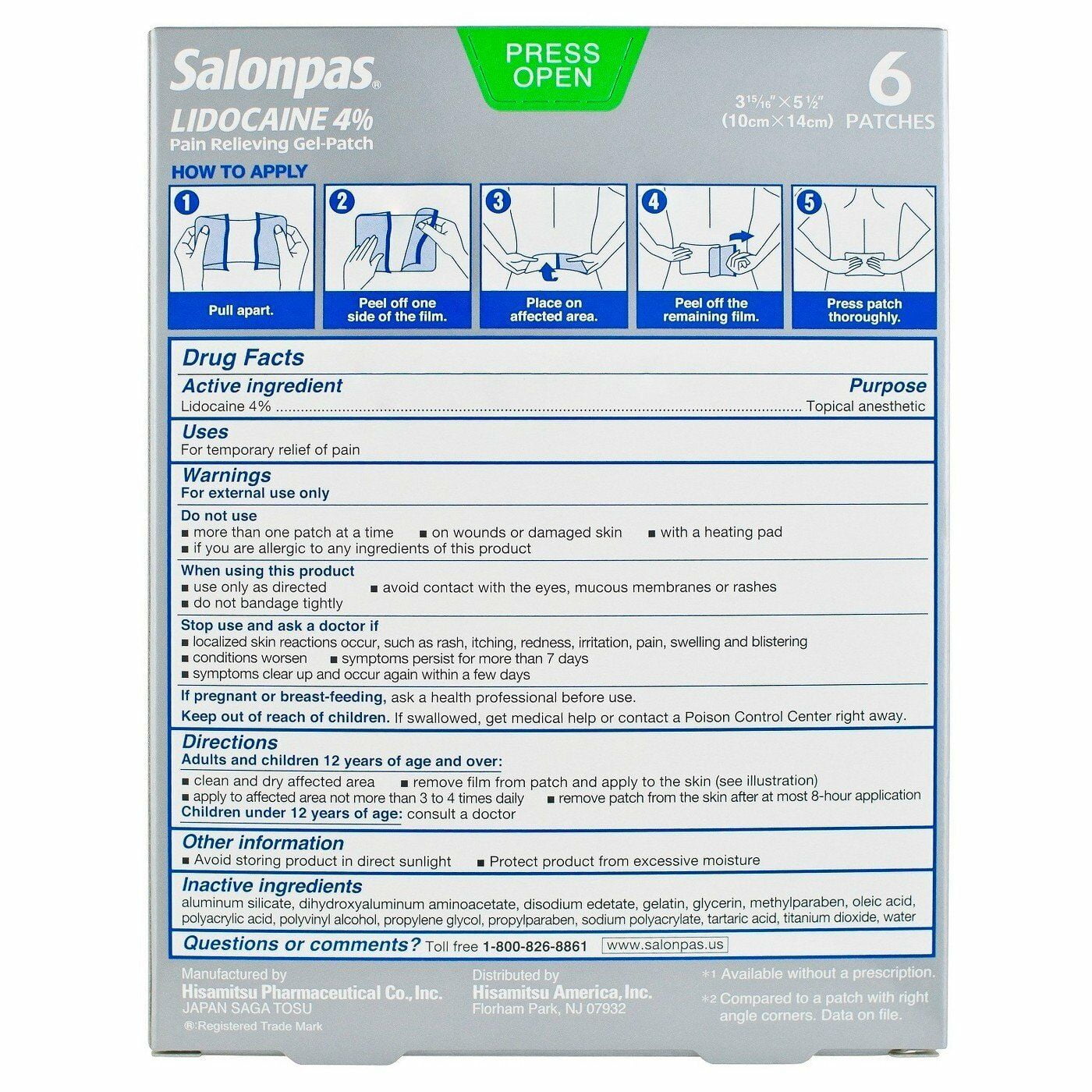 Salonpas Lidocaine Maximim Strength Pain Relieving Gel-Patch 6 ea (Pack of 2)