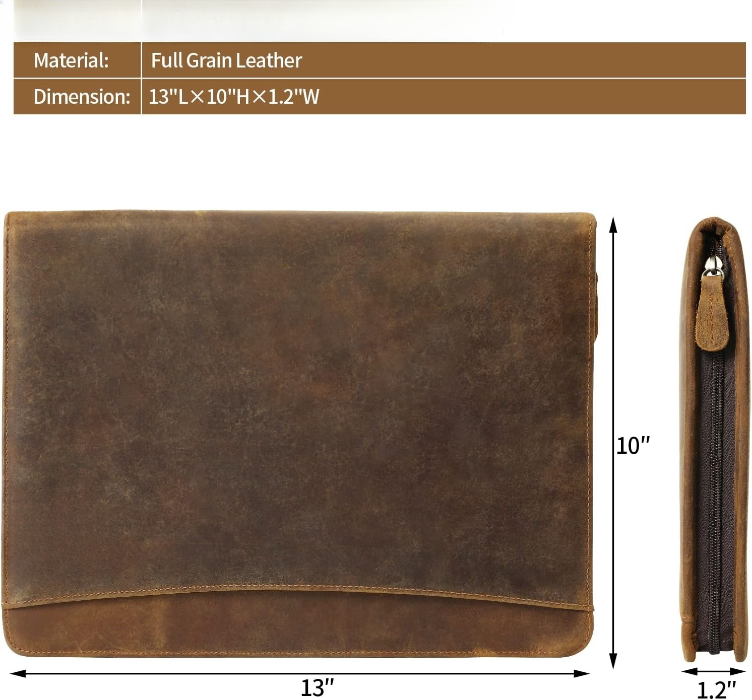 Genuine Leather Zipper Briefcase for Men and Women, Business Resume Folder Organizer, Brown
