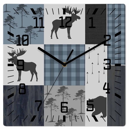 Vintage Plaid Wooden Wall Clock Silent Non Ticking, Farmhouse Bear Deer Trees Forest Checked Square Wall Clocks Battery Operated, Decor Clock for Home Office, Living Room, Kitchen, 10 Inch