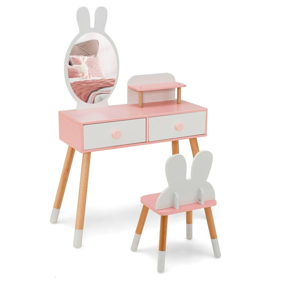 Infans Kid Vanity Set Makeup Table Stool with Drawer Shelf Wood Leg Rabbit Mirror White