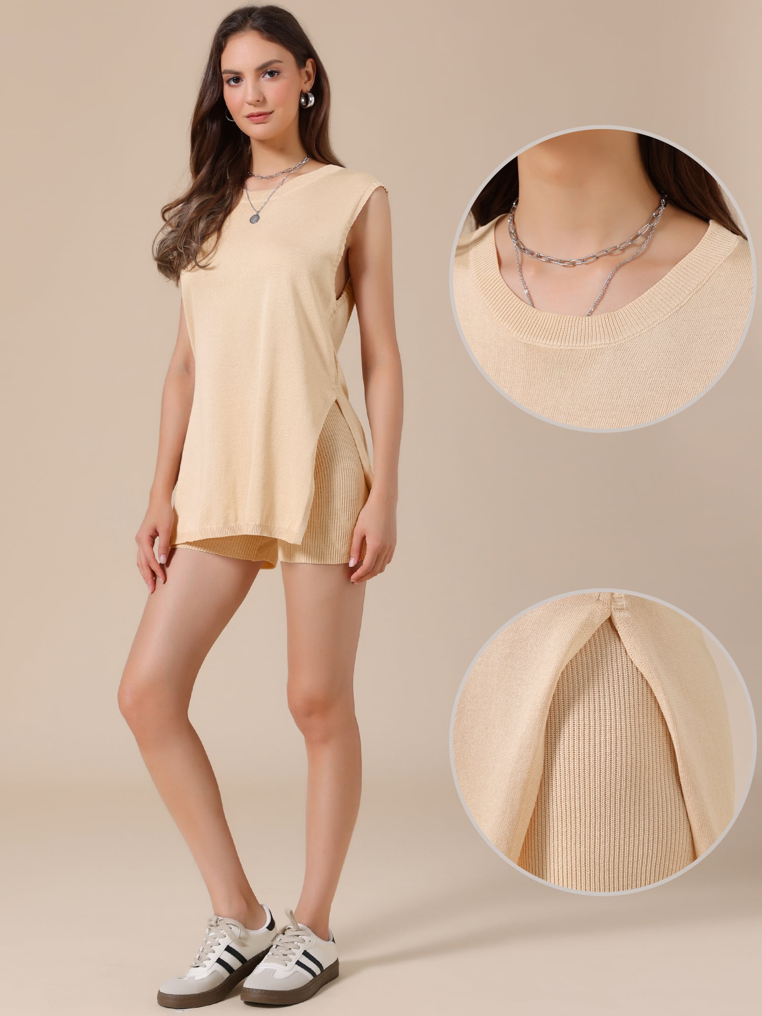DARING DIVA Women's 2 Piece Lounge Set Ribbed Knit Sleeveless Top Shorts Suit M Beige