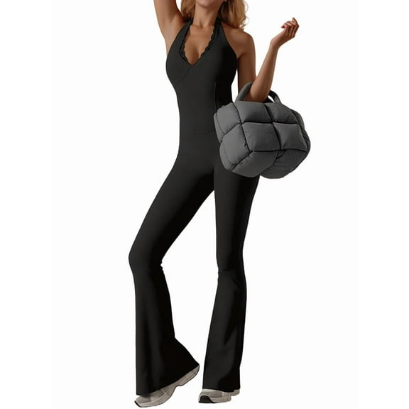 Women'S Solid Color Sleeveless V-Neck Lace-Trimmed Halter Neck Yoga Sports Jumpsuit Flared Tights Black M