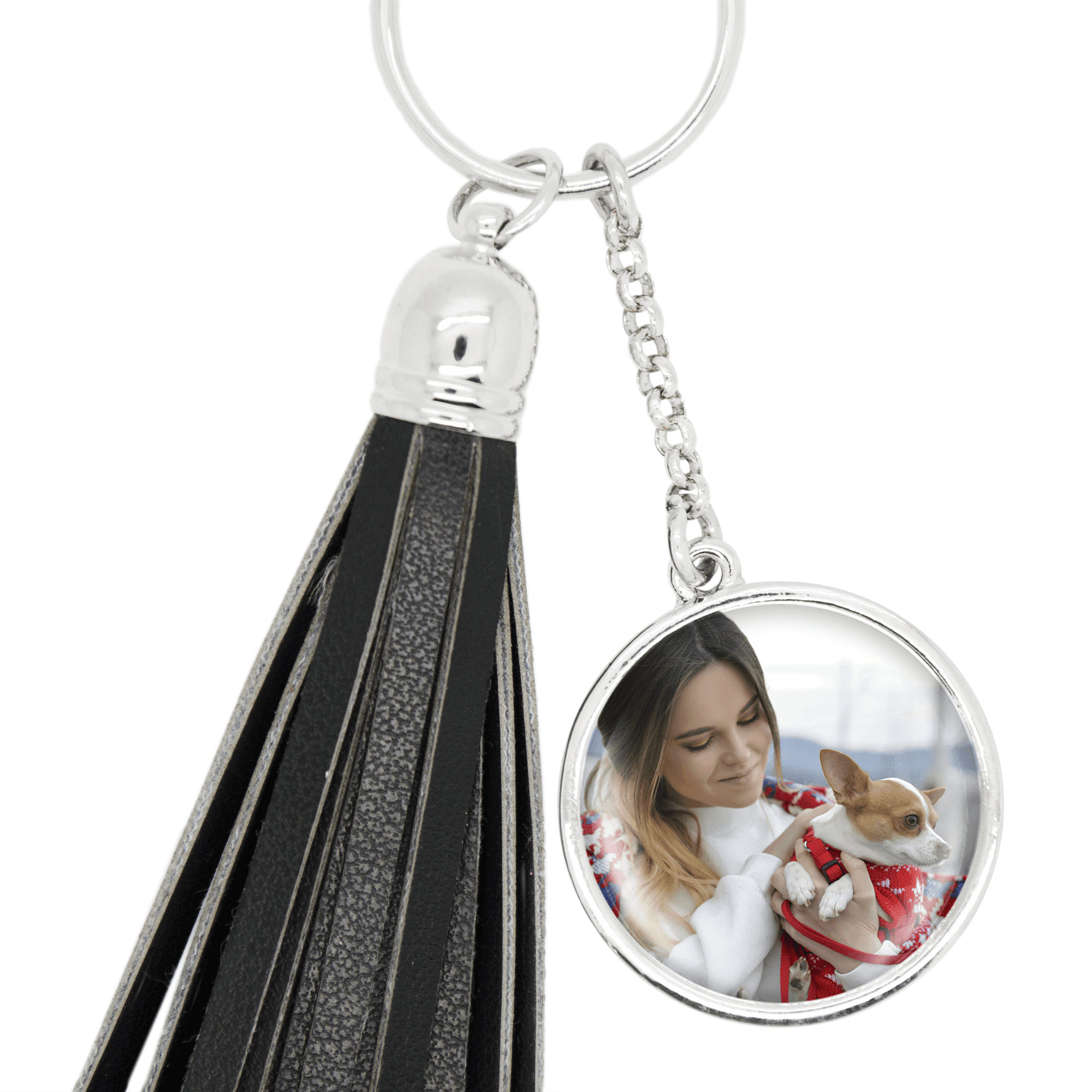 Black Tassel Photo Keychain, Silver Color