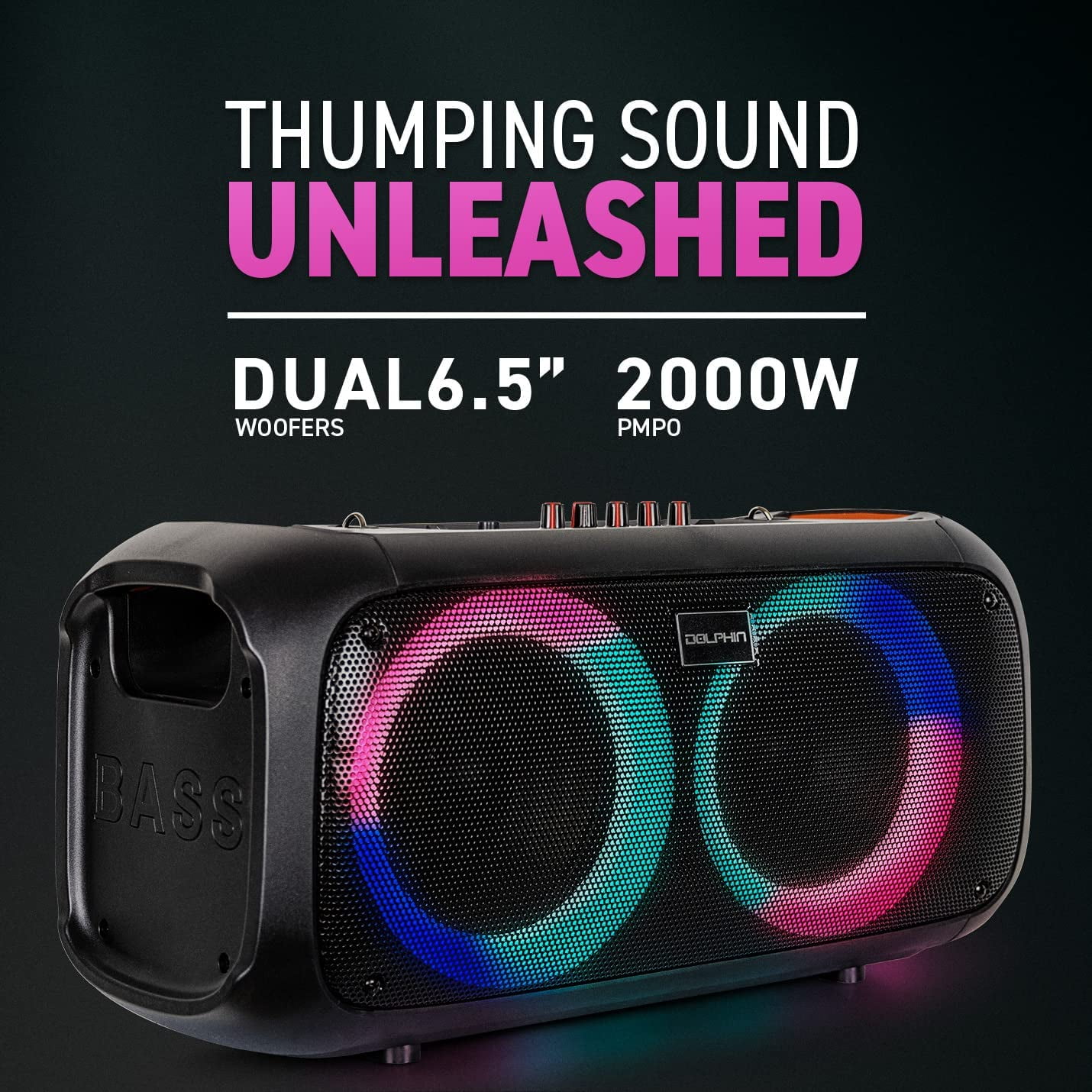 Dolphin SP-2600RBT Boombox Speaker with Mic Input & Sound-Activated Light, Bluetooth & USB, Play Music Anywhere