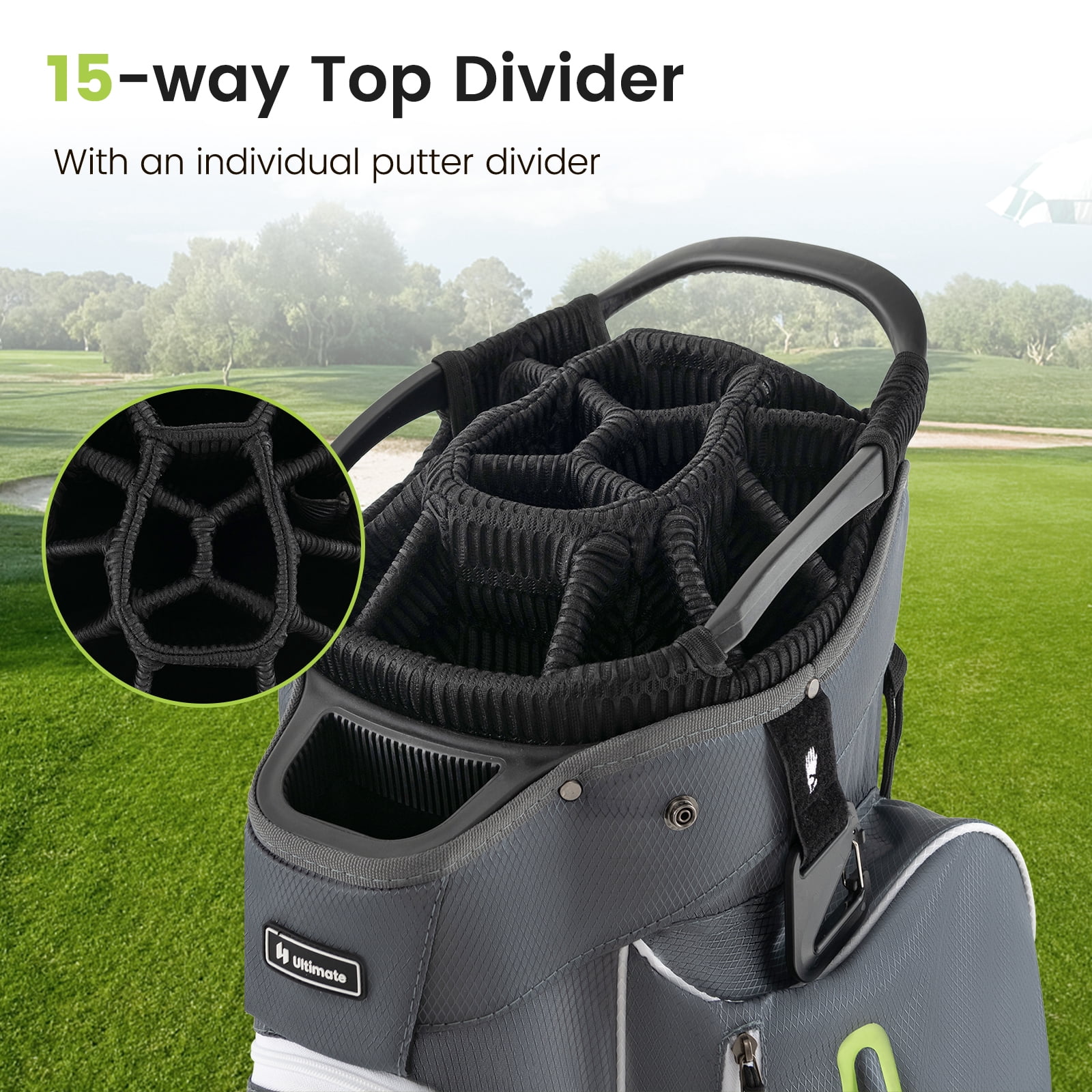 Topbuy 15-Way Golf Cart Bag Golf Club Bag with 15 Ways Organizer Divider Top 7 Zippered Pockets Cooler Bag Umbrella Holder Rain Hood Grey + Green