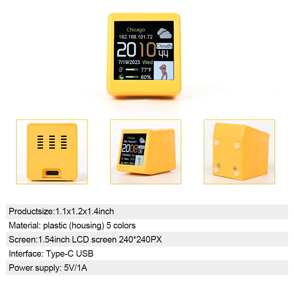 Compact WiFi Weather Clock, Smart Weather Station with LCD Color Screen Type-C Corded Powered Real-Time Updated
