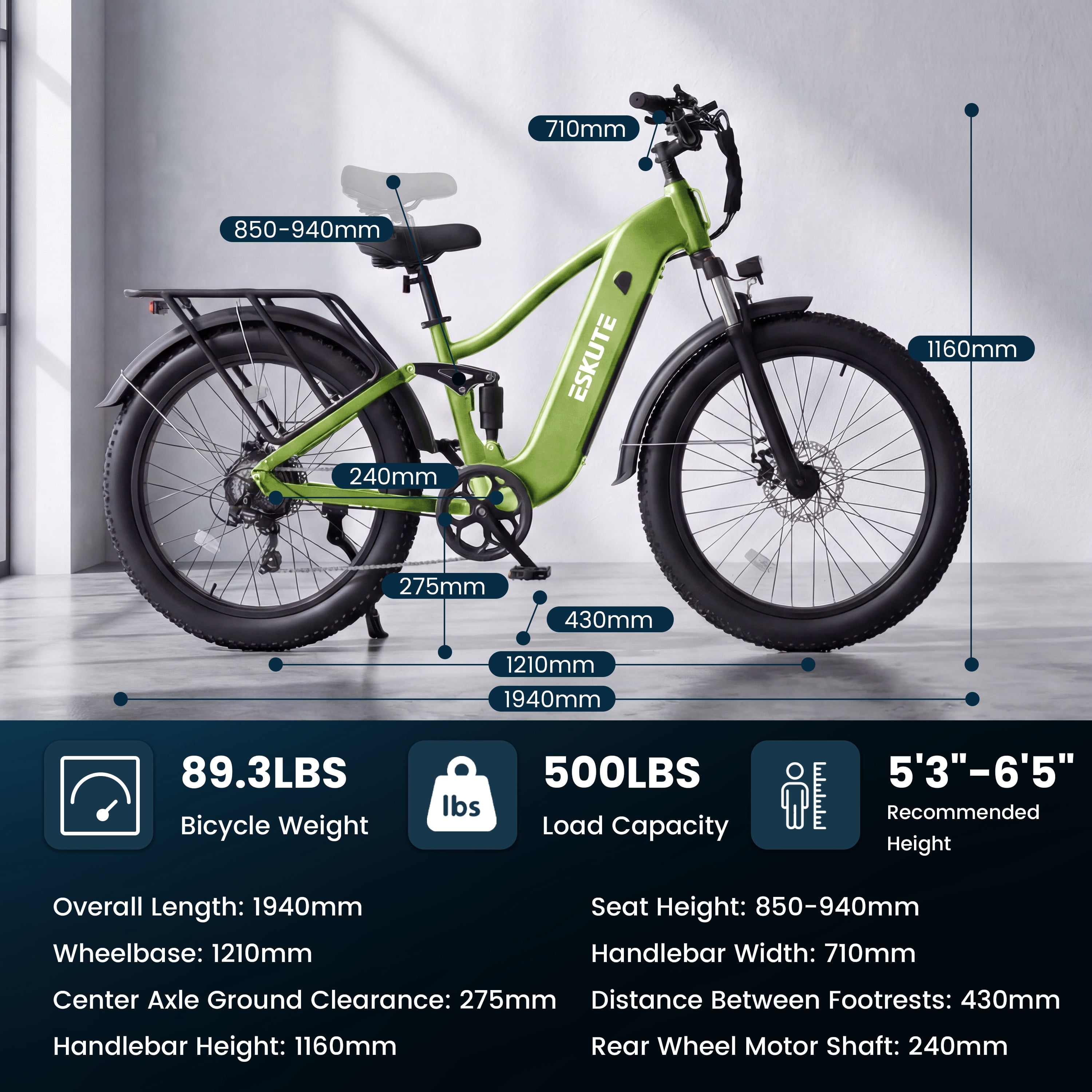 ESKUTE C300 Electric Bike for Adults, 1500W Peak Motor, 32MPH Fast Ebike, 48V 20.8Ah Battery Up to 80 Miles, 26"x4.0" Fat Tire, Full Suspension, 8-Speed Green, With Bag & Lock & Front Basket, UL2849