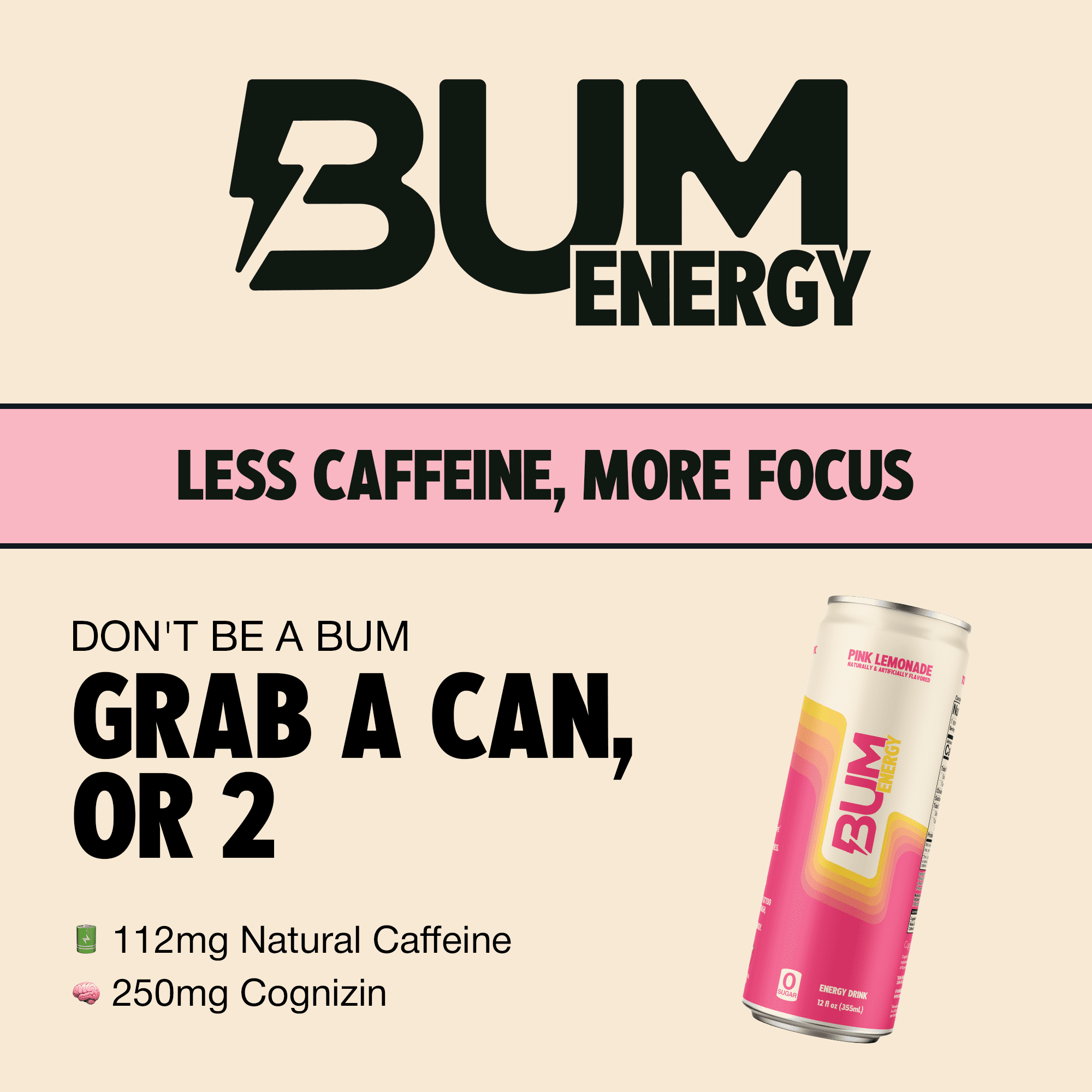 (3 pack) Bum Energy Pink Lemonade Energy Drink, 112 mg Natural Caffeine, 12 fl oz Can
