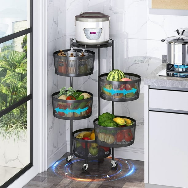 GnHoCh Rotating Kitchen Storage Baskets on Wheels Metal Vegetable