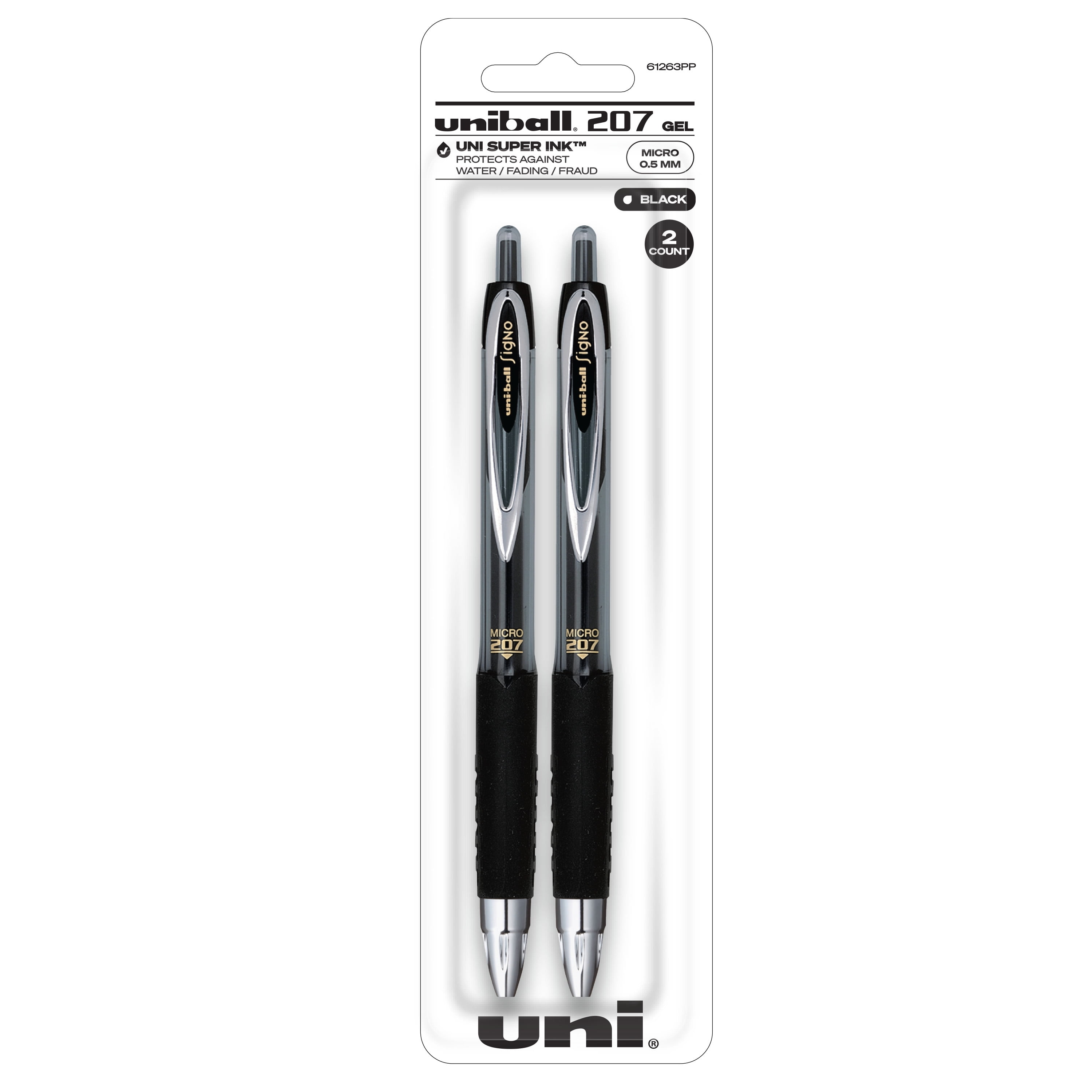 uniball 207 Retractable Gel Pen, Micro Point, 0.5 mm, Black Ink, 2 Count