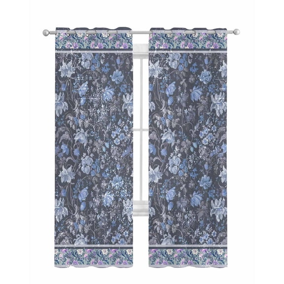 Navy Blue Floral Sheer Curtains 84 Inch Length 2 Panels Set for Living Room/Bedroom, Ethnic Tribe Abstract Art Flowers Kitchen Curtains Grommet Semi-Sheer Curtains Drapes Window Treatments 42"x84"x2