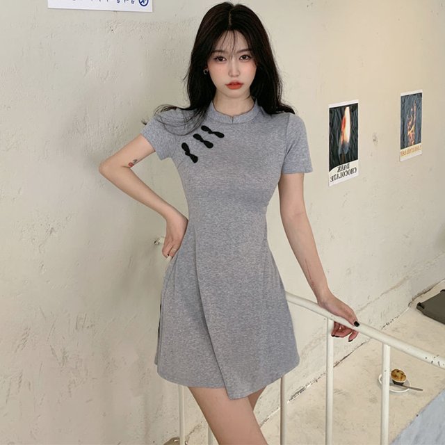 Faithtur Robe Courte à Manches Courtes avec Boucle Nouée Couleur Unie pour Femmes