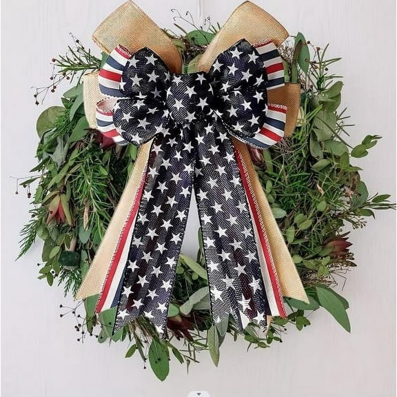 Lilgiuy 4th of July Large Wreath Bow Pentagram Striped Bow Patriotic Ribbon Bow for Indoor Outdoor Front Door Wreath Holiday Independence Day Party Wall Decoration, Black, 16.5" x 11"