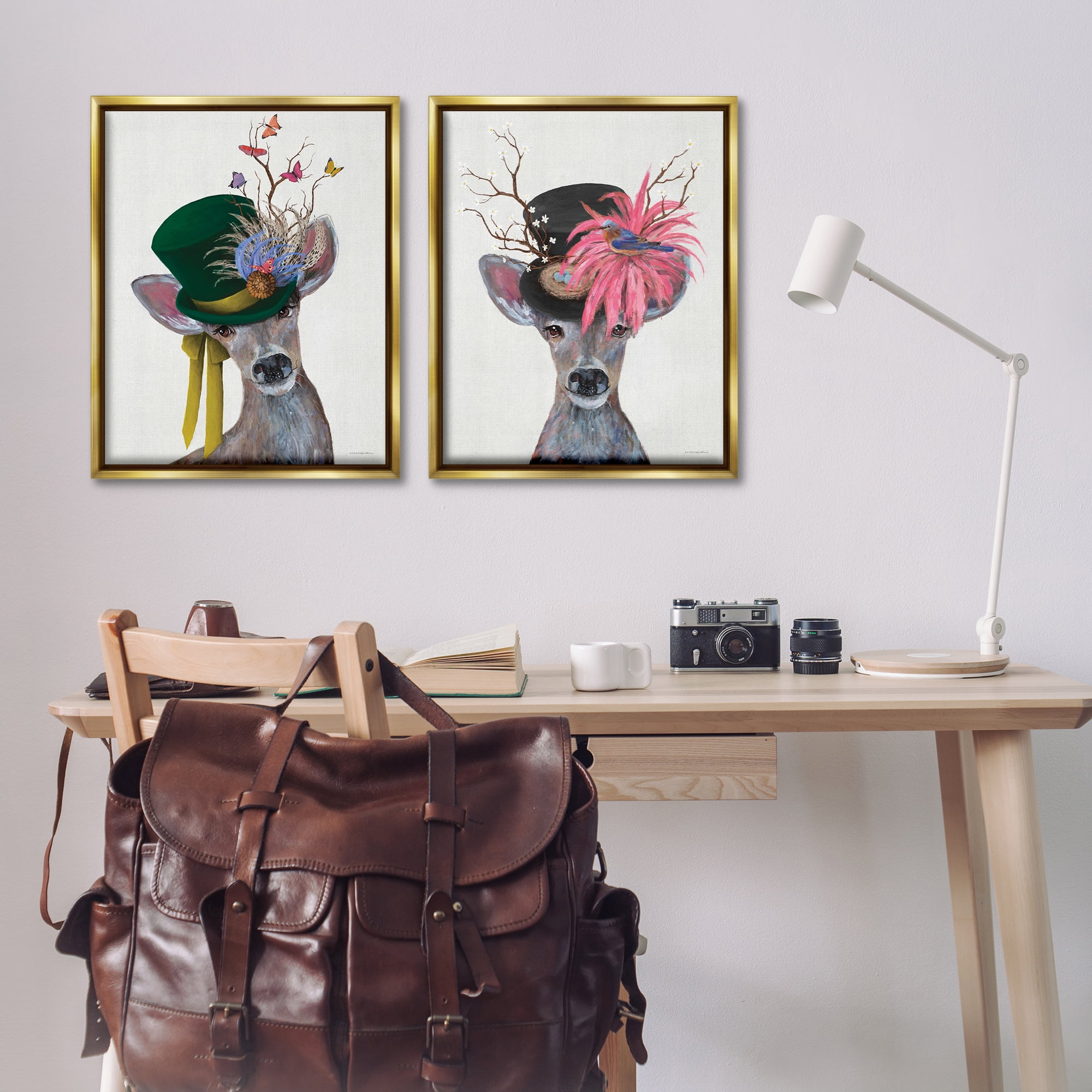 Stupell Industries Dapper Deer Floral Top Hat Animals Painting Gold Floater Framed Canvas Art Print Wall Art, 31 x 25, Set of 2