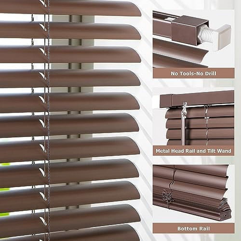 No Tools No Drill 1" Vinyl Mini Blinds, Cordless Blinds for Windows, Light Filtering Horizontal Window Blinds & Shades, 26" W x 64" H, Mahogany