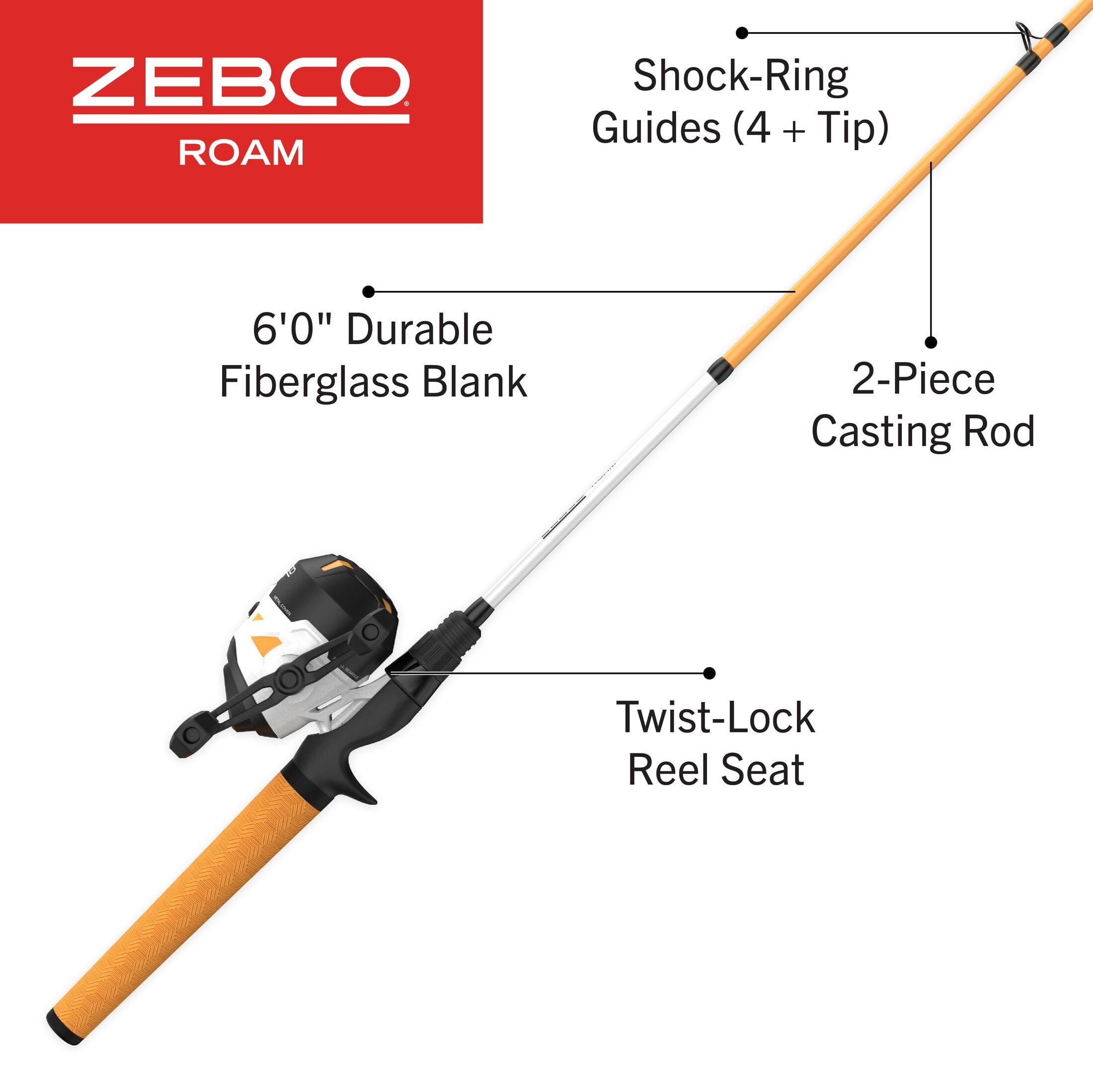 Zebco Roam Spincast Reel and Fishing Rod Combo, 6-Foot 2-Piece Fiberglass Fishing Pole with ComfortGrip Handle, QuickSet Anti-Reverse Fishing Reel, Pre-Spooled with 10-Pound Zebco Line, Orange