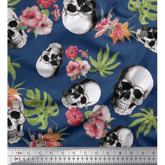 Soimoi Georgette Viscose Fabric Monstera Leaves,Floral & Horror Skull Halloween Print Sewing Fabric Yard 42 Inch Wide
