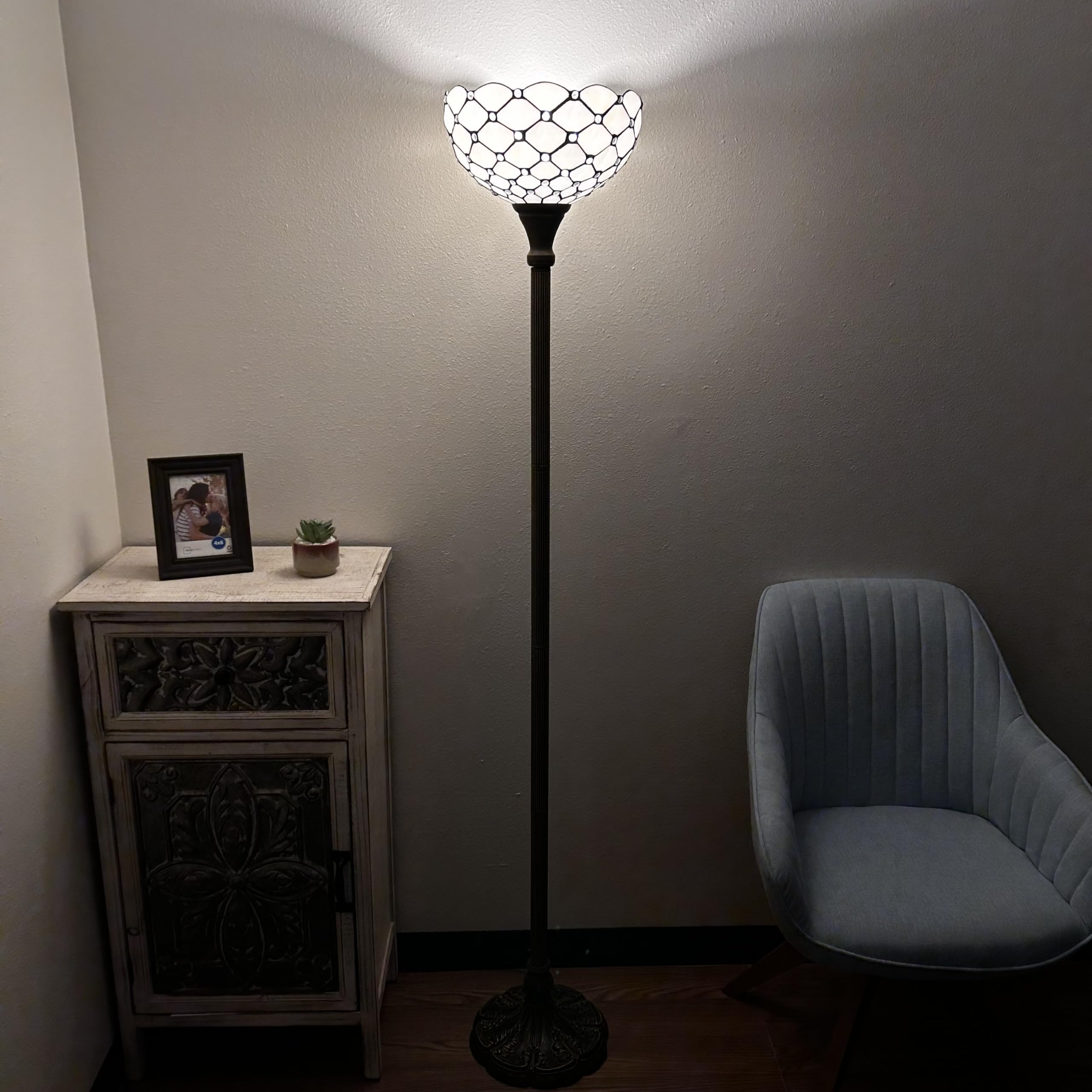 Tiffany Torch Floor Lamp White Stained Glass Crystal Beans LED Bulb Included For Living Room Bedroom Office Hotel 12"W*12'D*66"H