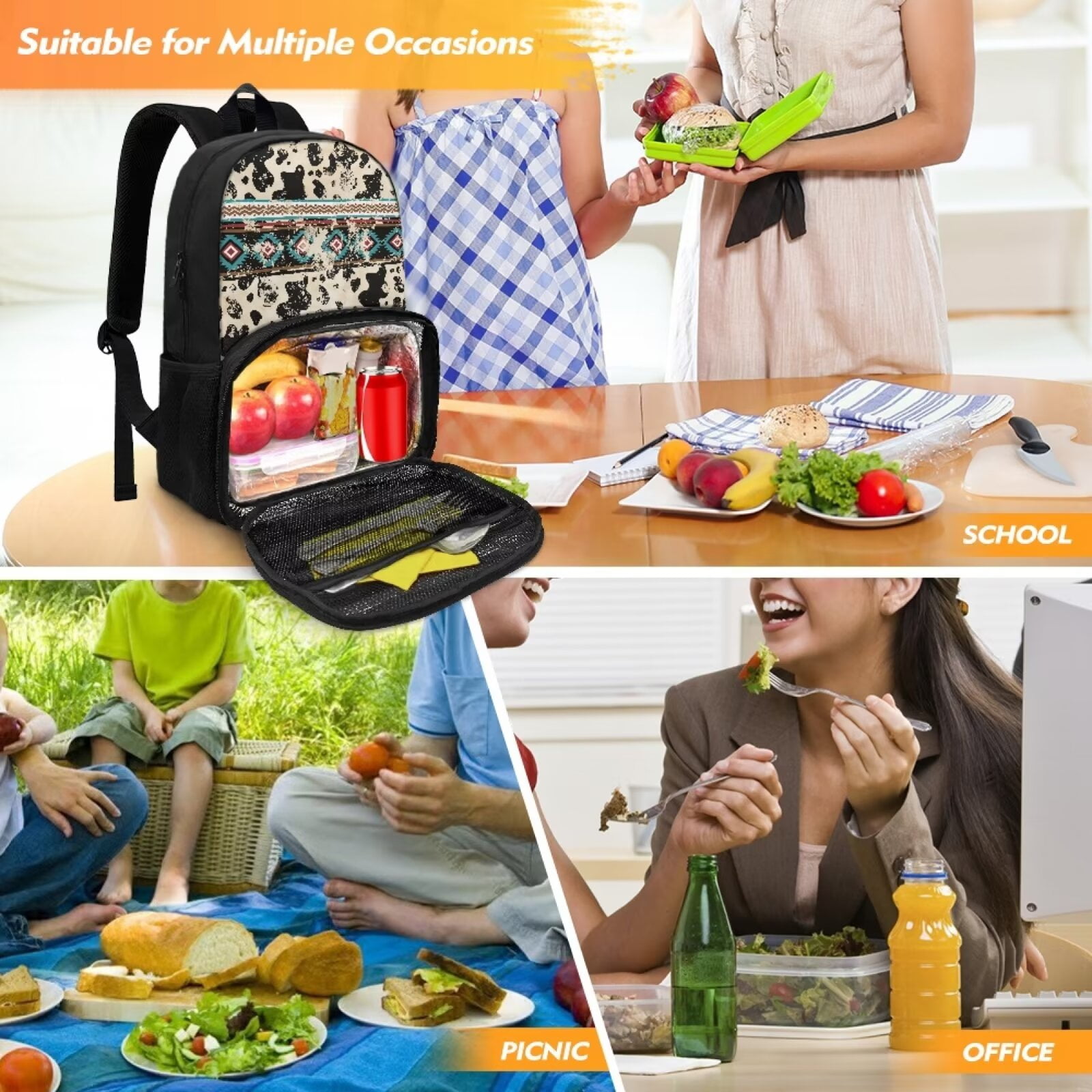 FOR U DESIGNS Soft Lunch Backpack for Women Men, Primary School Bag with Lunch Bag Compartment Aztec Cow Print Book Bag Large Capacity Work Office Daypack