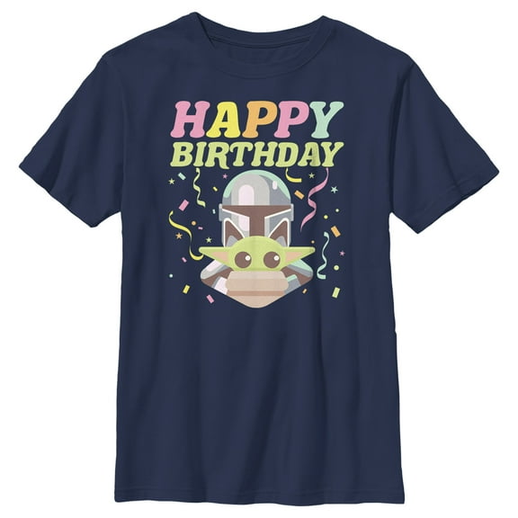 Boy's Star Wars: The Mandalorian Happy Birthday Mando and Grogu Graphic Tee Navy Blue X Large