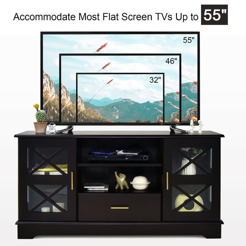 Finihen TV Stand, TV Cabinet, Wood TV Stand with 2 Glass Door Cabinets and 2-Tier Adjustable Shelves, Media Entertainment Center with Storage, for Living Room, Bedroom, Brown