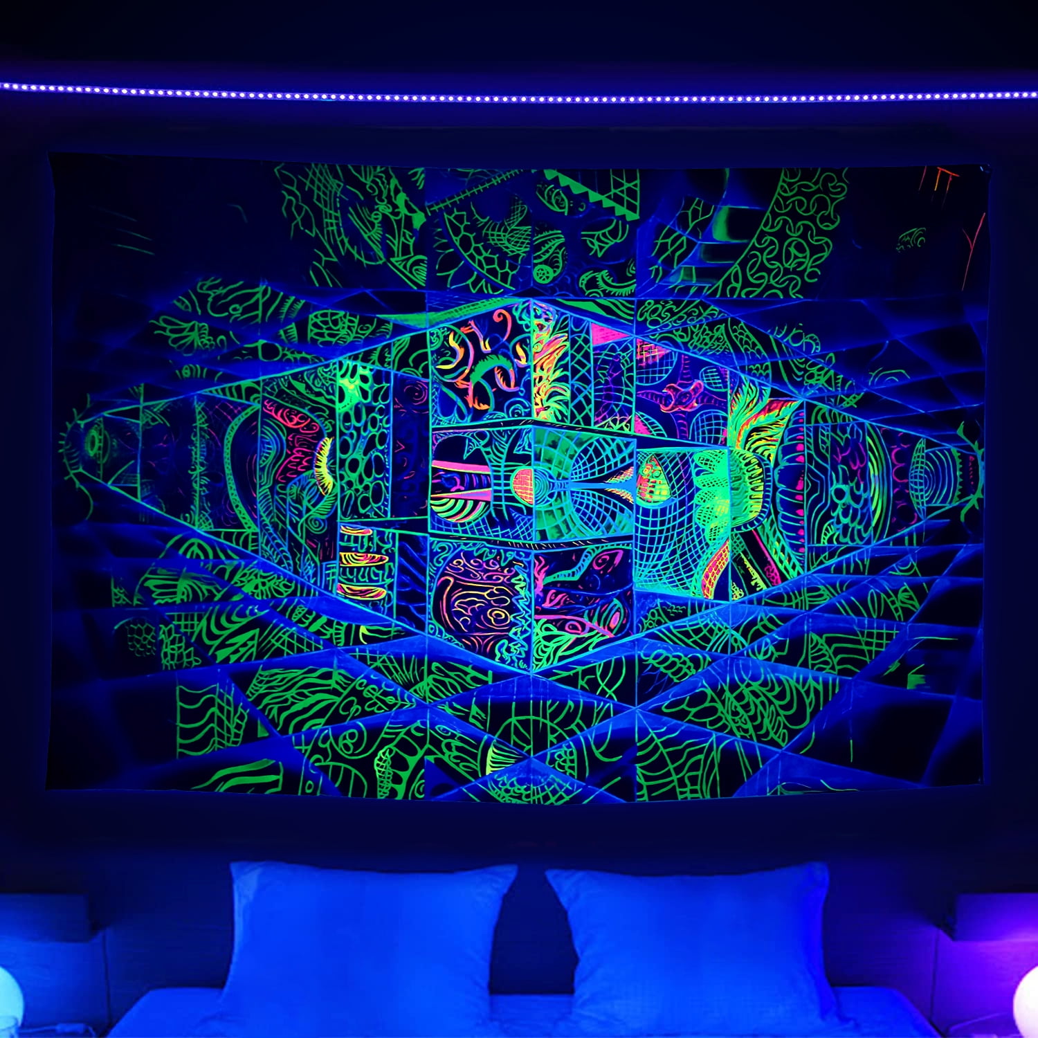 Blacklight Trippy Tapestry Wall Hanging, UV Reactive Abstract Psychedelic Stitching Tapestry, Black Light Colorful Blue Line Space Wall Hanging Bedroom Wall Tapestry Home Decor 60X40 inches