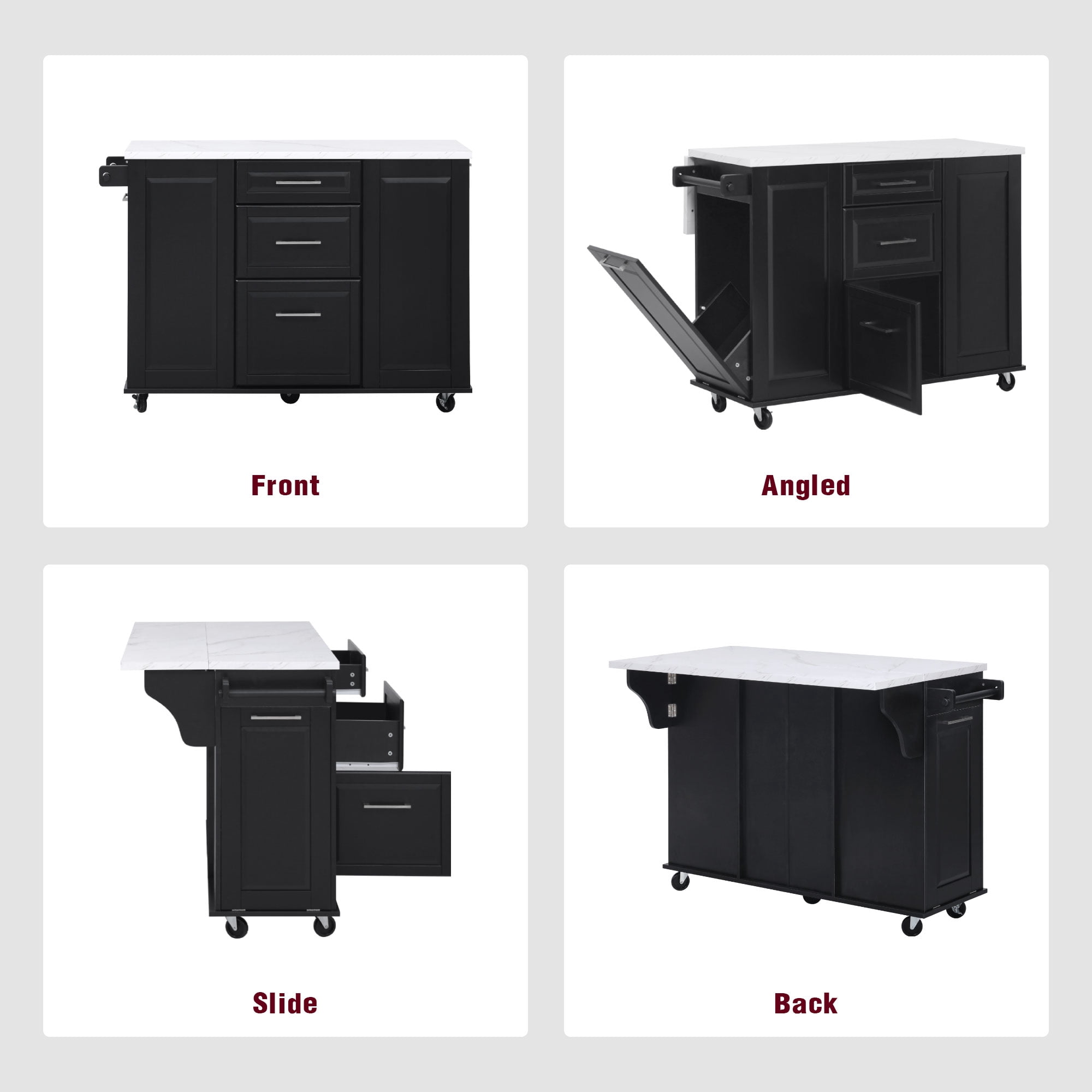 AISWORD 50.7" Kitchen Island with Trash Can Storage Cabinet, Rolling Kitchen Cart on Wheels with Faux Marble Top Drop Leaf, Spice Rack, Towel Rack and Adjustable Shelf, Black