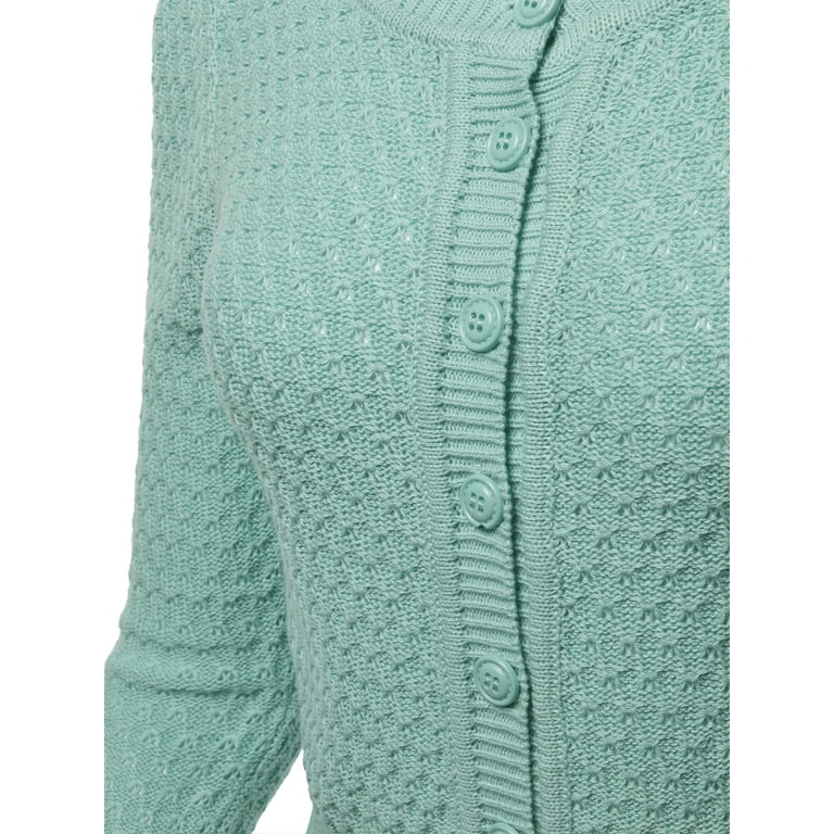 A2Y Women's Solid Cropped 3/4 Sleeve Button Down Crew Neck Knit