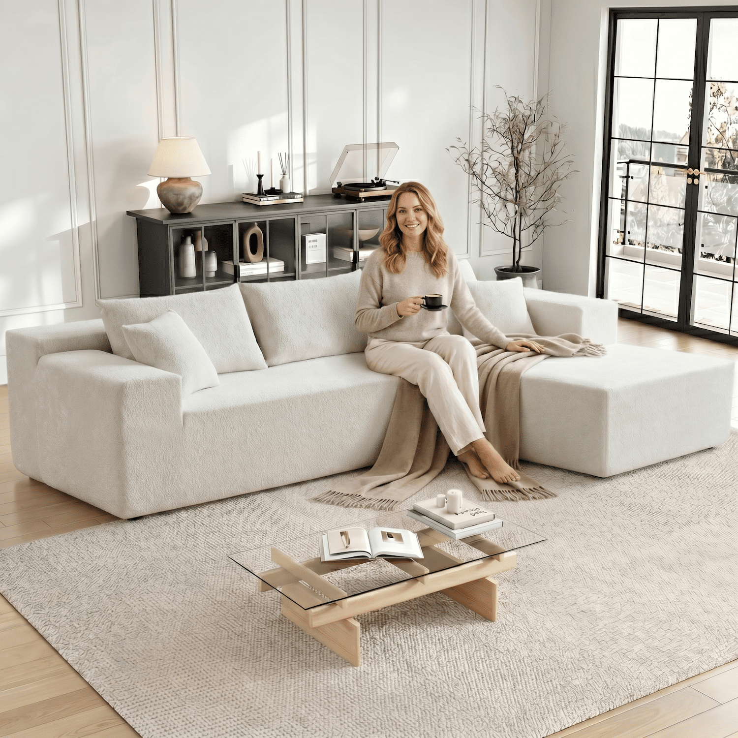 Xiweot 103" Boneless Sectional Sofa for Living Room, Memory Foam Cloud Modular Sectional Couch with Deep Seat, No Assembly Velvet L Shaped Sofa with Right Facing Chaise, Beige