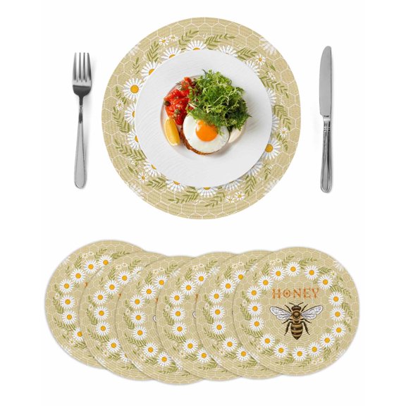 Bees Round 15 Inch Placemats Set of 6, Daisy Flowers Spring Summer Honey Floral Leaf Plant HeatResistant Non Slip Place Mats for Dining Table, Wipeable Braided Kitchen Table Mats for Housewarming