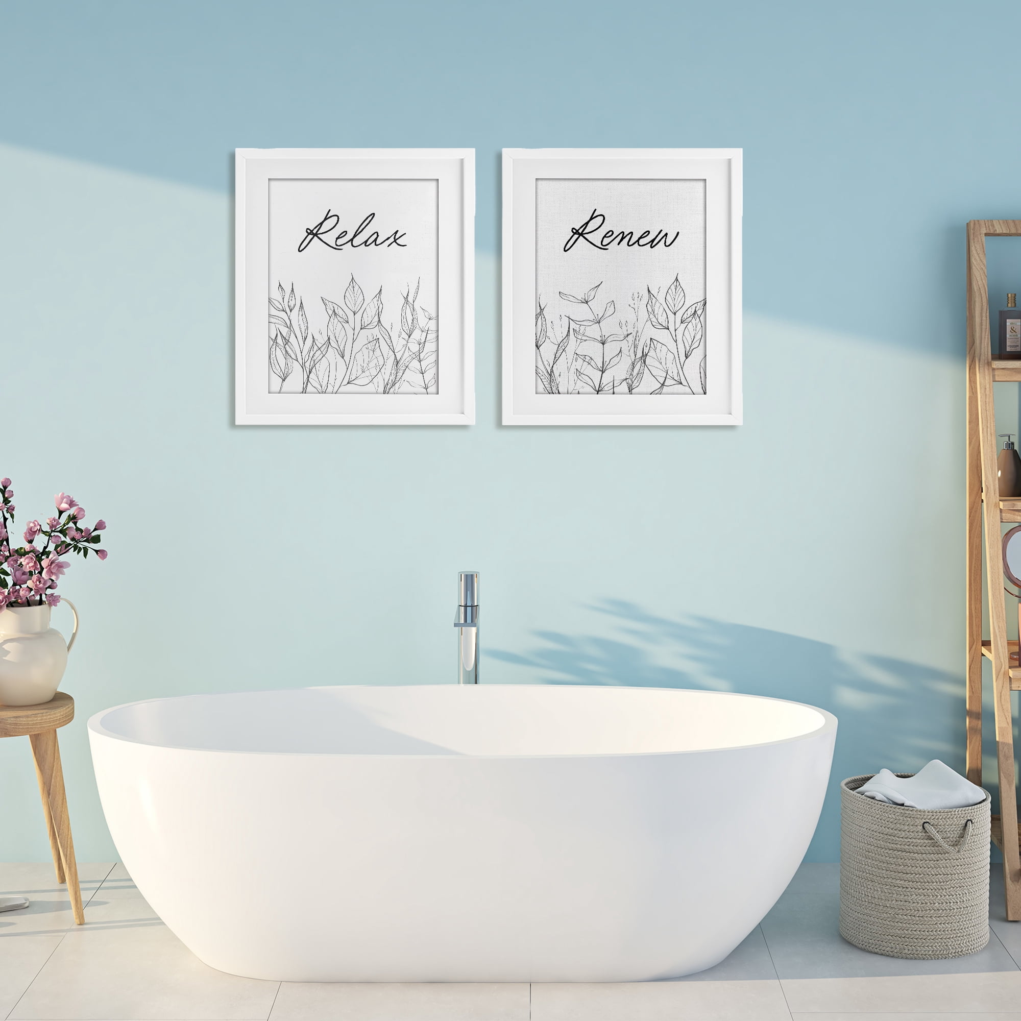 Relax and Renew Leaf Outlines 2 Piece White Framed Print Under Glass Set, design by Lettered and Lined