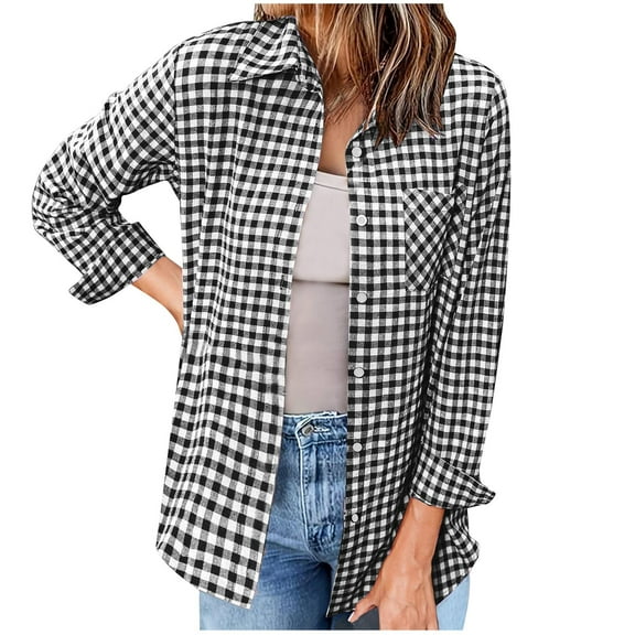hotojiny Womens Plaid Shirts Long Sleeve Button Down Blouses Fall Lapel Collared Casual Work Tops with Pockets