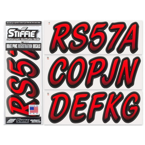 STIFFIE Whipline Red / Black 3" Alpha-Numeric Identification Custom Kit Registration Numbers & Letters Marine Stickers Decals for Boats & Personal Watercraft PWC