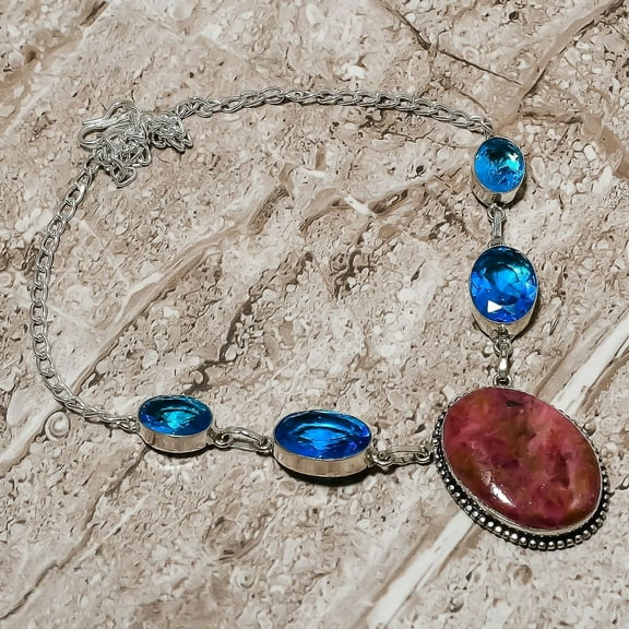 Rhodonite, Blue Topaz Gemstone Necklace 925 Sterling Silver Jewelry 18"