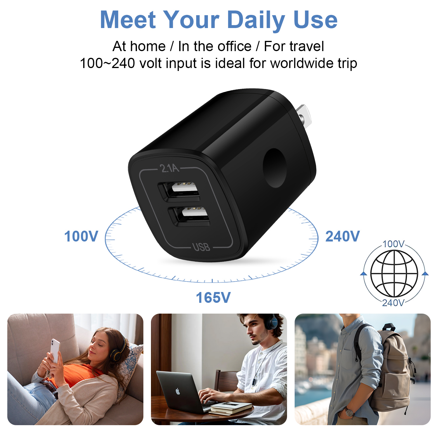 Hootek 2-Port USB-C Wall Charger with 2 Braided Cables, Black photo 6