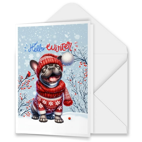 Hello Winter French Bulldog Smiling in Red Scarf Hat Welcome Christmas 5x7in Folded Greeting Card Dog Lover Gifts Single Note Card with Envelope - 00017