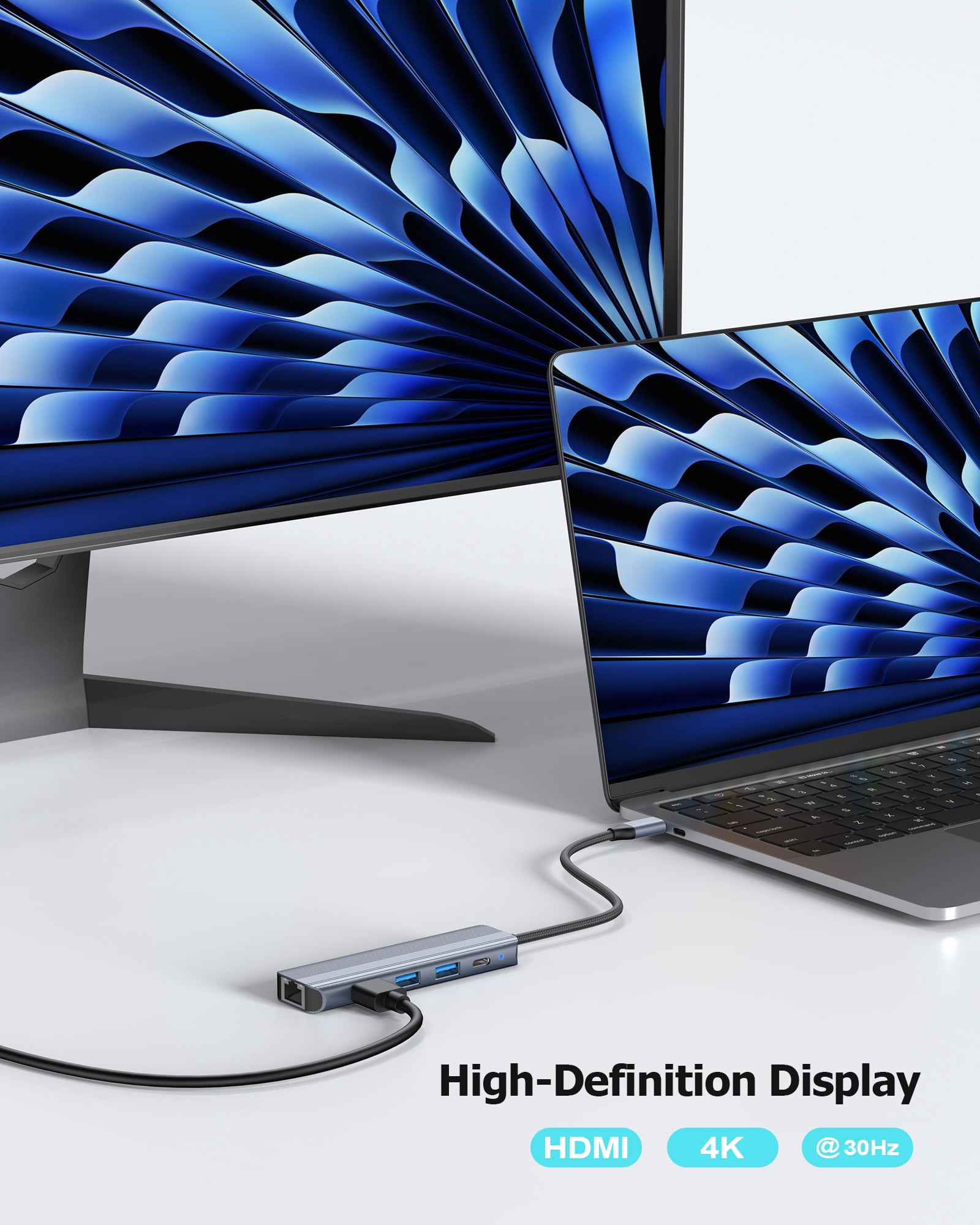 USB C Hub Ethernet HDMI Multiport Adapter for MacBook Pro/Air, iPad, Laptop Dock with 5Gbps USB A/C, 1Gbps RJ45 Gigabit Ethernet, 4K@30Hz HDMI, 100W Pass Through Charging
