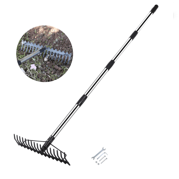 5.4FT Heavy Duty Bow Rake with Stainless Steel Handle, 17 Steel Tines Garden Rake for Loosening Soil, Leveling Lawn, Gathering Leaves, Yard Thatch Rake(wwx)