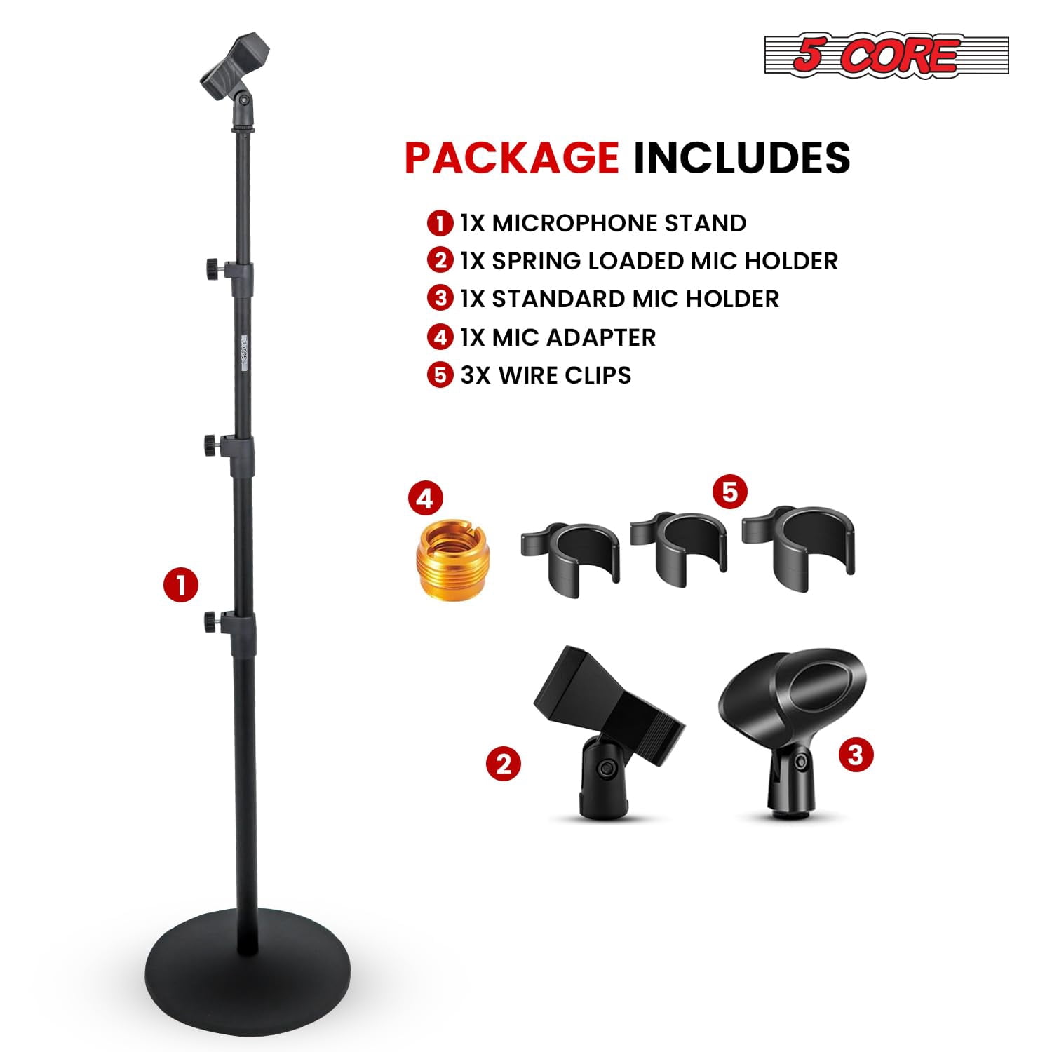 5 Core Mic Stand Pair Adjustable 67" Microphone Stands Floor Standing Design 3 Tier w Detachable Boom Mic Arm Round Base Includes Microfono Clips - MS RBL 3T 2PCS