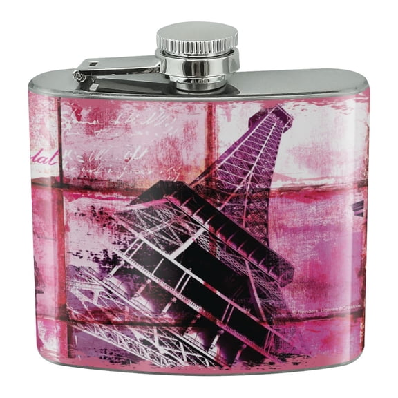 Paris France Eiffel Tower Arc de Triomphe Tile Collage Stainless Steel 5oz Hip Drink Kidney Flask