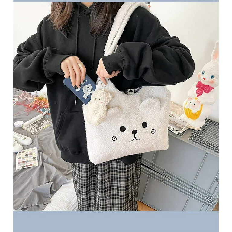 Pikadingnis Fluffy Underarm Bag Y2K Fuzzy Plush Tote Bag Cute Cartoon Bear Aesthetic Shoulder Bag Accessories for Autumn Winter (Beige), Adult Unisex