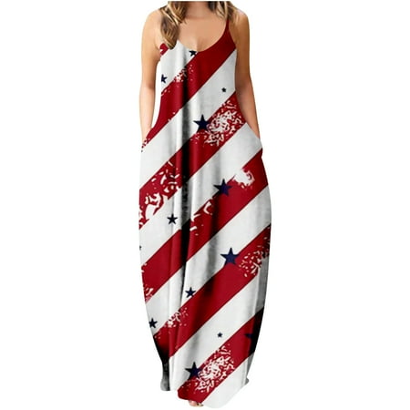 

4th of July Dress for Women Casual Maxi Dress Sexy Stripe Sleeveless Long Dress Plus Size Dress