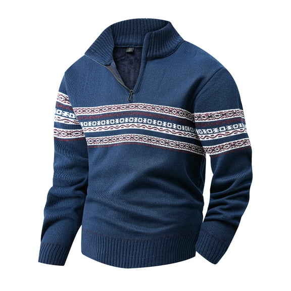 Men's Fleece-Lined Quarter Zip Sweater, Thermal Winter Pullover with Color Block Stripes,Plush Knit Shirt for Cold Weather, Casual Warm Sweatshirt for Fall Winter,L