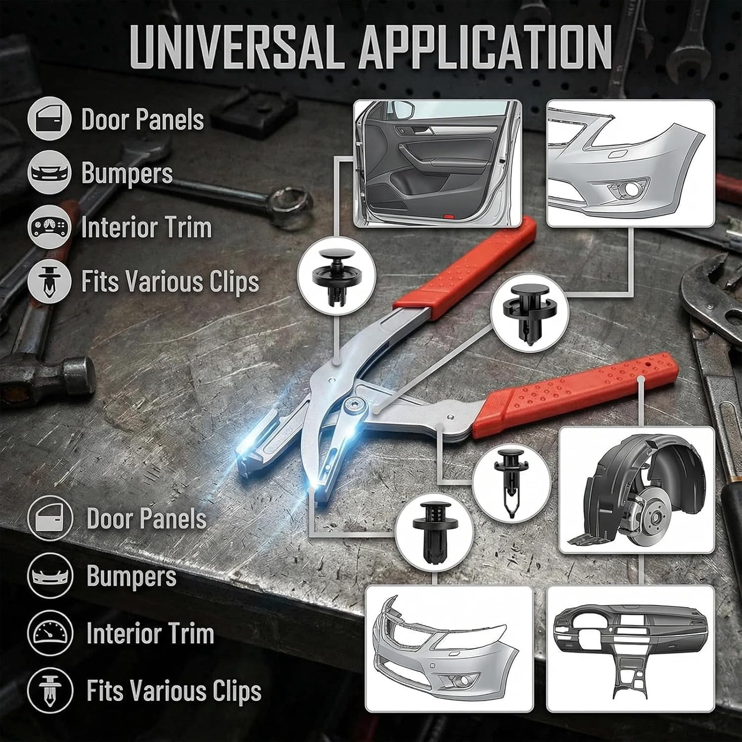 Car Clip Pliers & Trim Removal Tool, Spring-Loaded Fastener Rivet Remover for Auto Door Panels, Auto Fastener Clip Removal Pliers for Interior & Exterior Trim, Mechanic, Damage-Free Disassembly