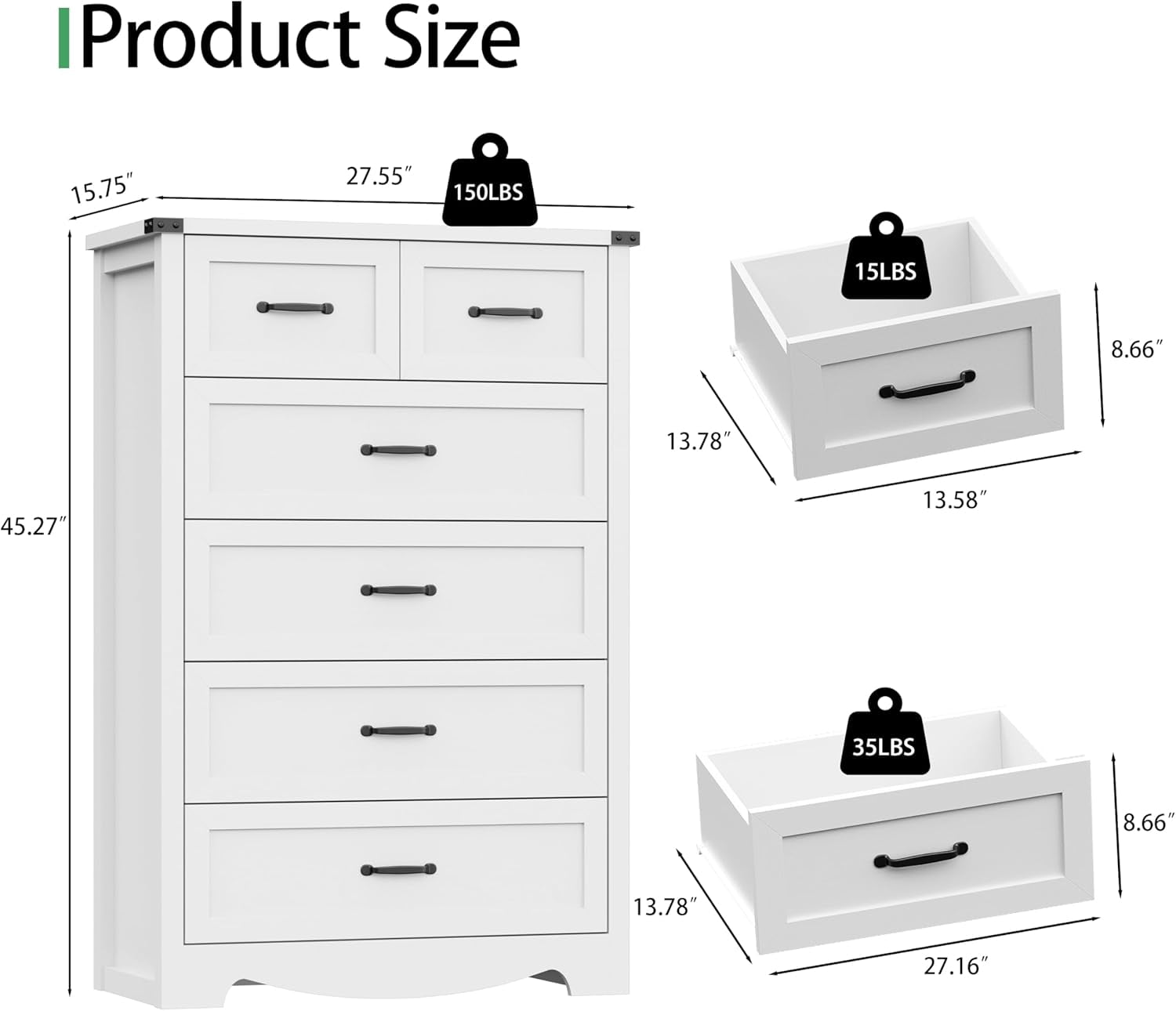 FANRAL Tall 6 Drawers Dresser for Bedroom,Modern Wooden Chest of Drawers,Storage Organizer Dresser for Closet,White Dresser